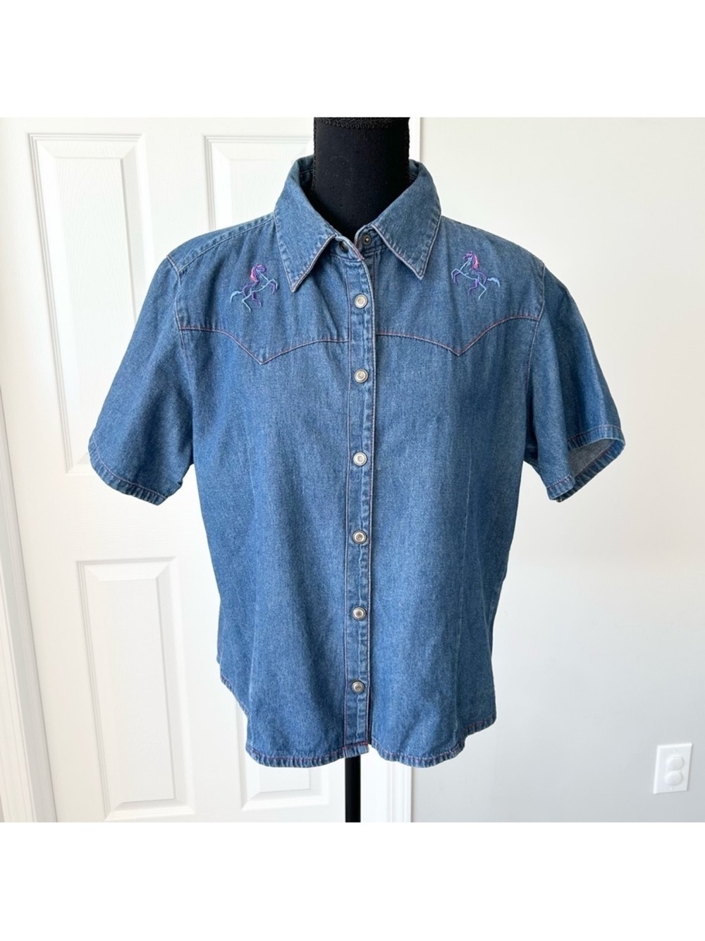 Vintage Ash Creek Unicorn Embroidered Short Sleeve Denim Western Shirt